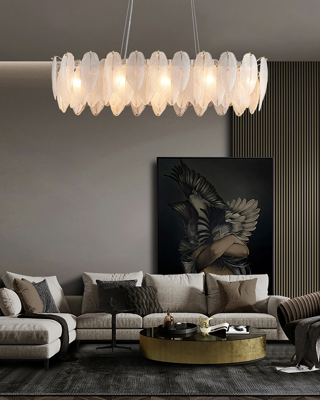 32 Inch Frosted Leaf Glass Linear Chandelier - Alba