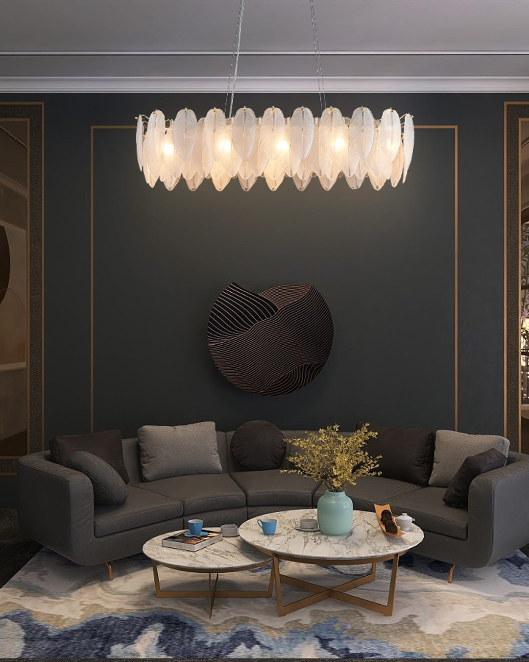 32 Inch Frosted Leaf Glass Linear Chandelier - Alba