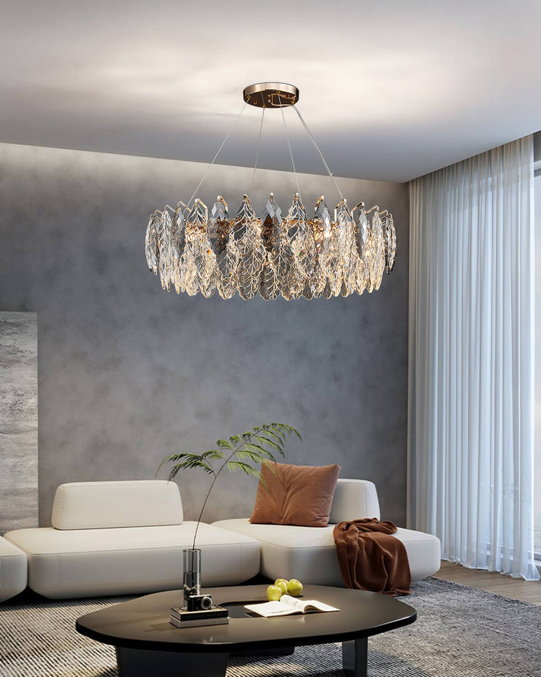 32 Inch Crystal Leaf Round Chandelier – Elara
