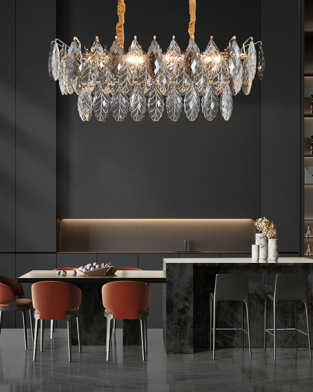 35" Gilded Leaf Crystal Linear Chandelier – Elara