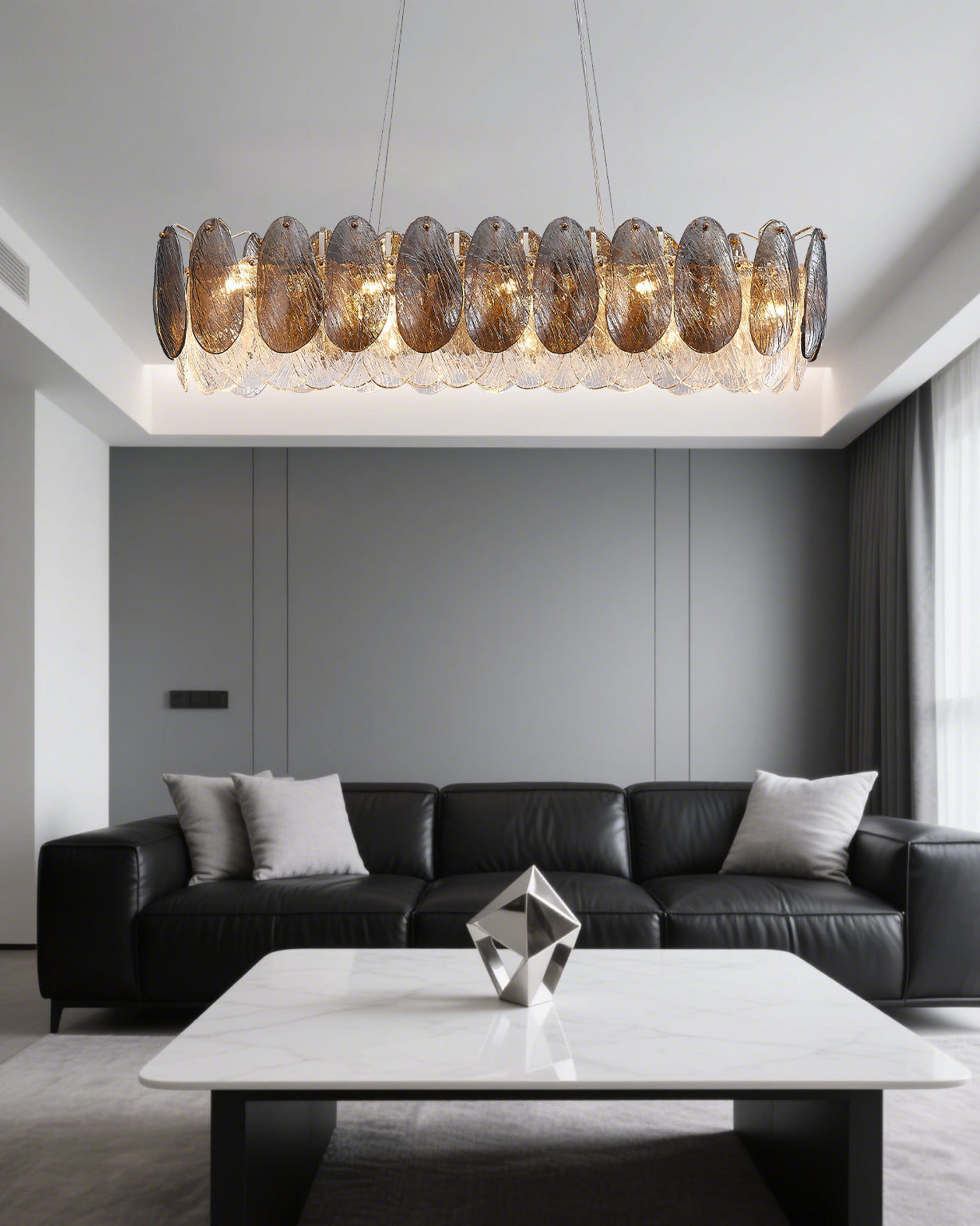 39 Inch Feathered Linear Chandelier - Zephyra