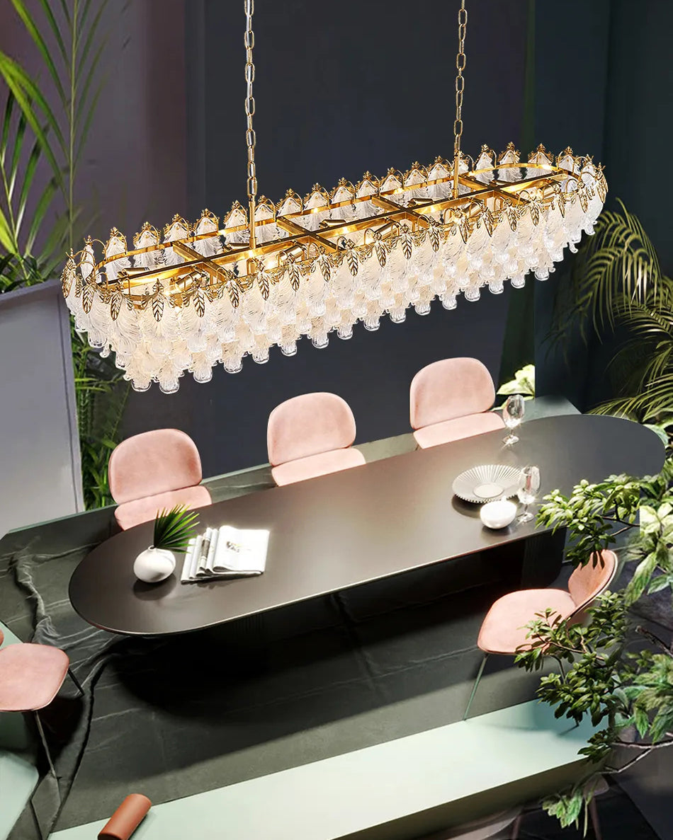 60 Inch Glass Leaf Linear Chandelier - Genevieve