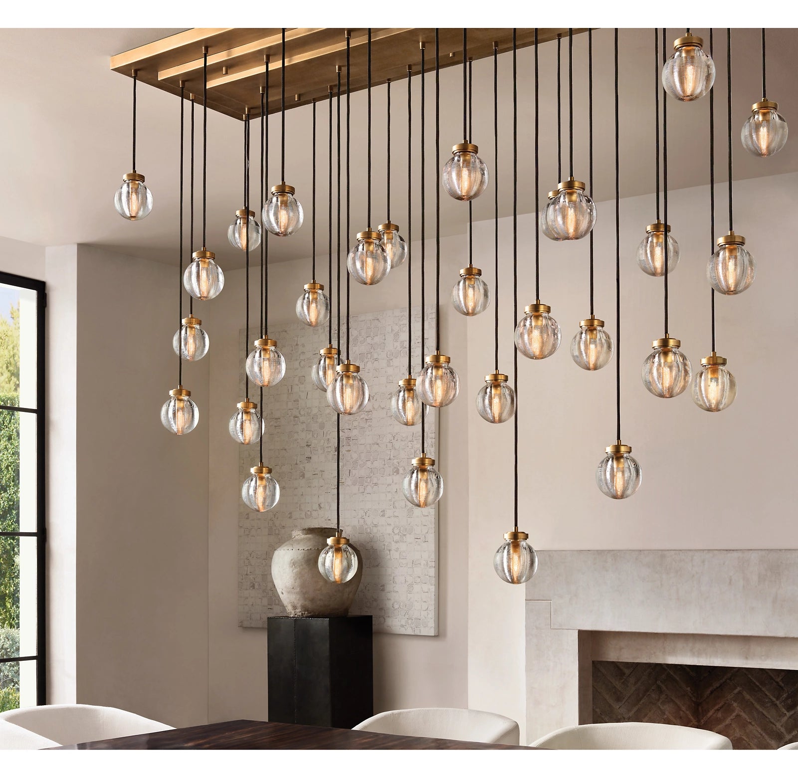 54 Inch Ribbed Glass Globe Rectangular Chandelier - Pearl