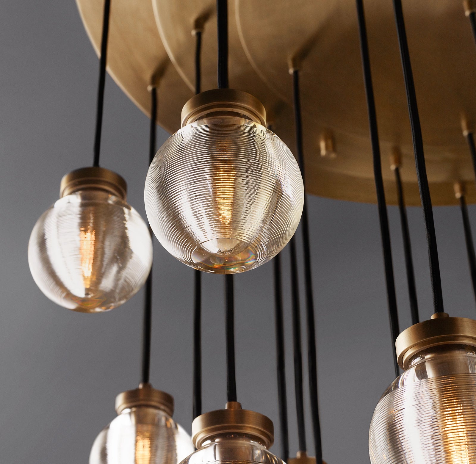 38 Inch Ribbed Glass Globe Round Pendant Chandelier - Pearl