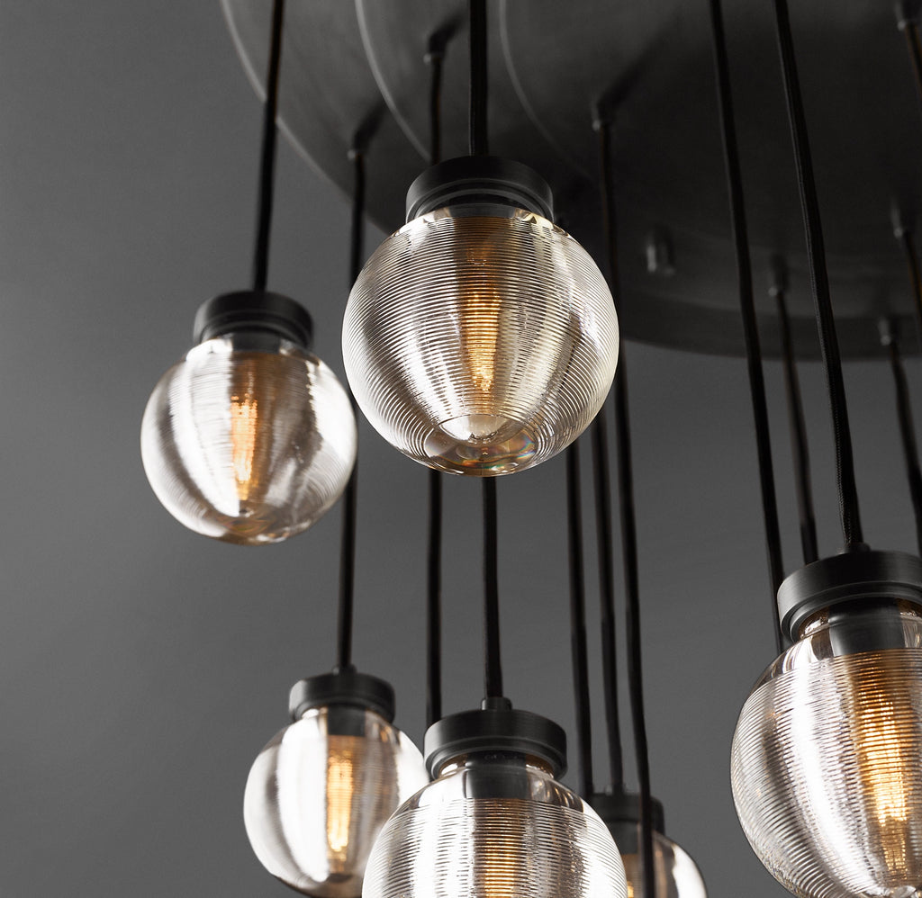 38 Inch Ribbed Glass Globe Round Pendant Chandelier - Pearl