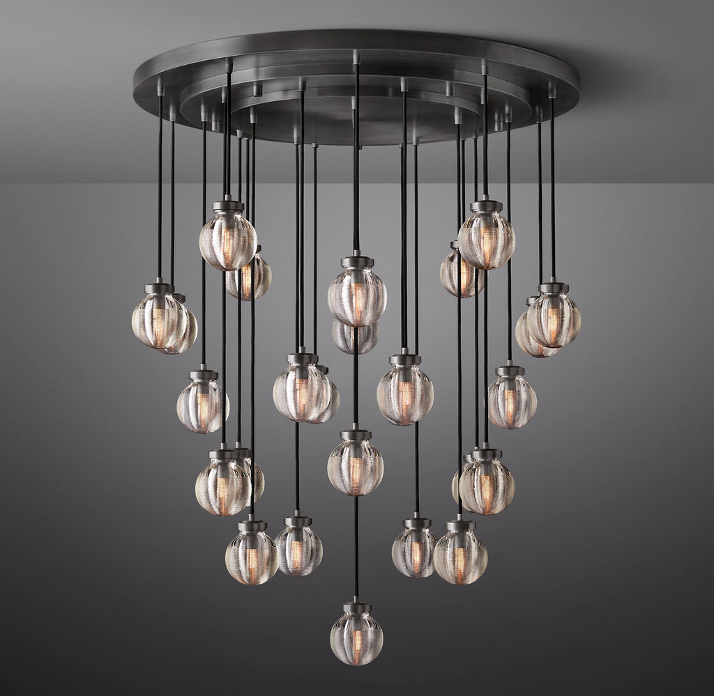 38 Inch Ribbed Glass Globe Round Pendant Chandelier - Pearl