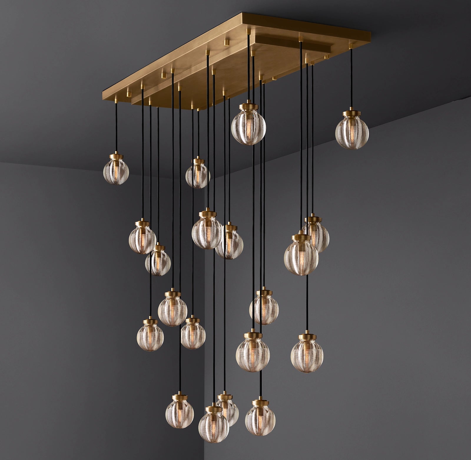 54 Inch Ribbed Glass Globe Rectangular Chandelier - Pearl