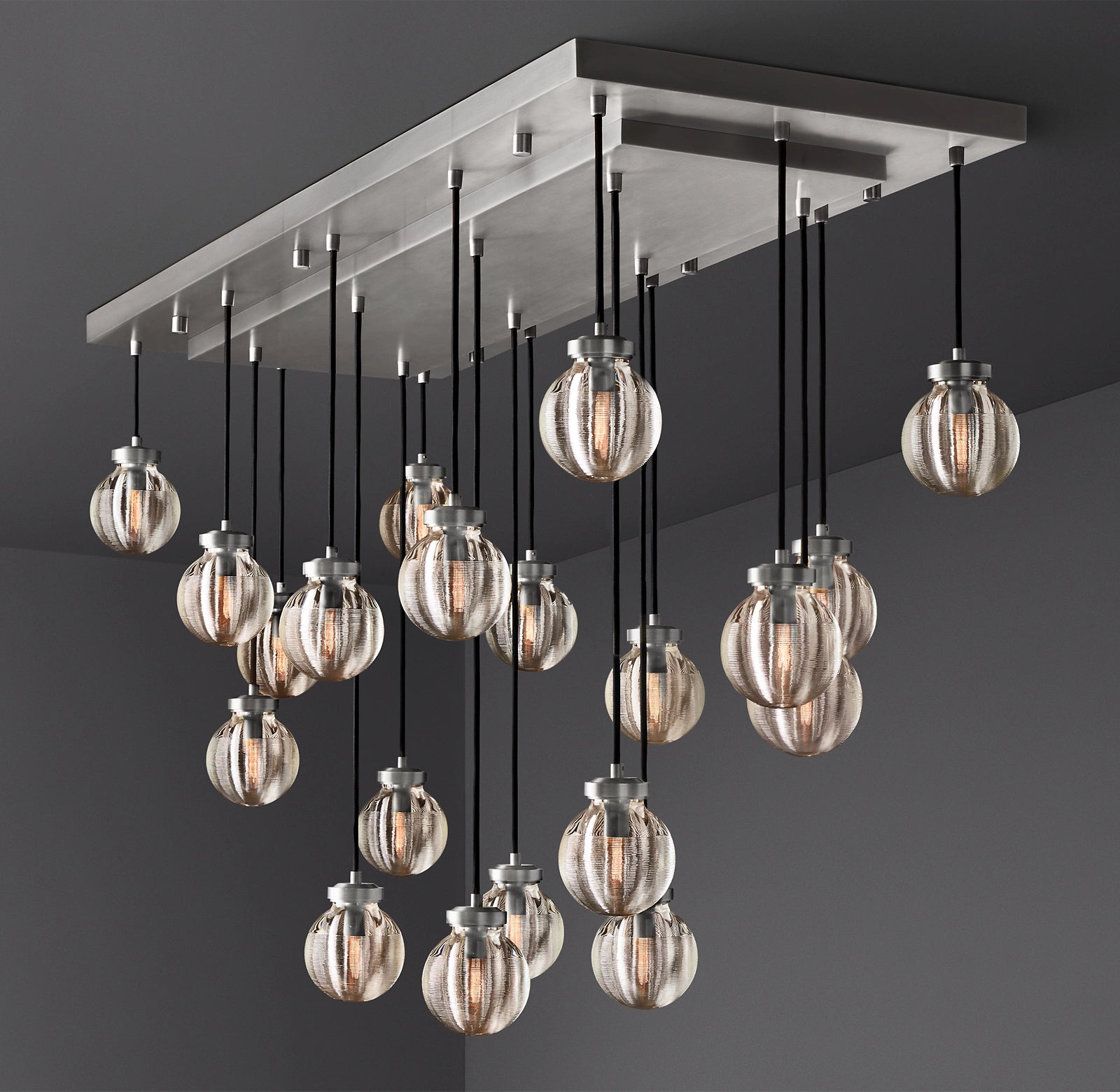 54 Inch Ribbed Glass Globe Rectangular Chandelier - Pearl