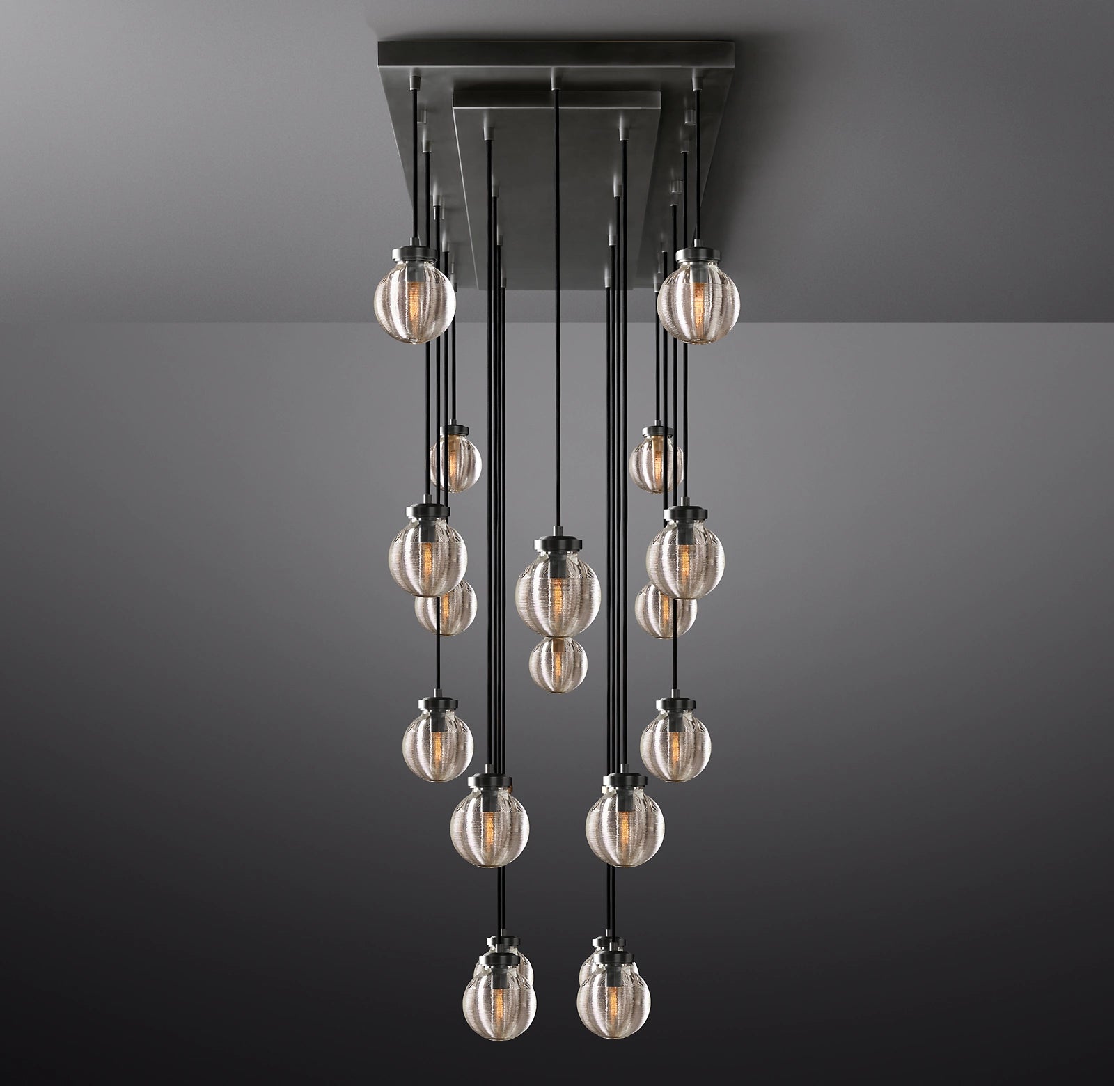 54 Inch Ribbed Glass Globe Rectangular Chandelier - Pearl