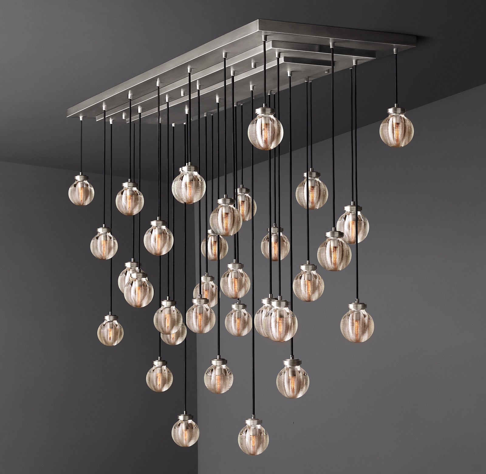 72 Inch Ribbed Glass Globe Rectangular Chandelier - Pearl