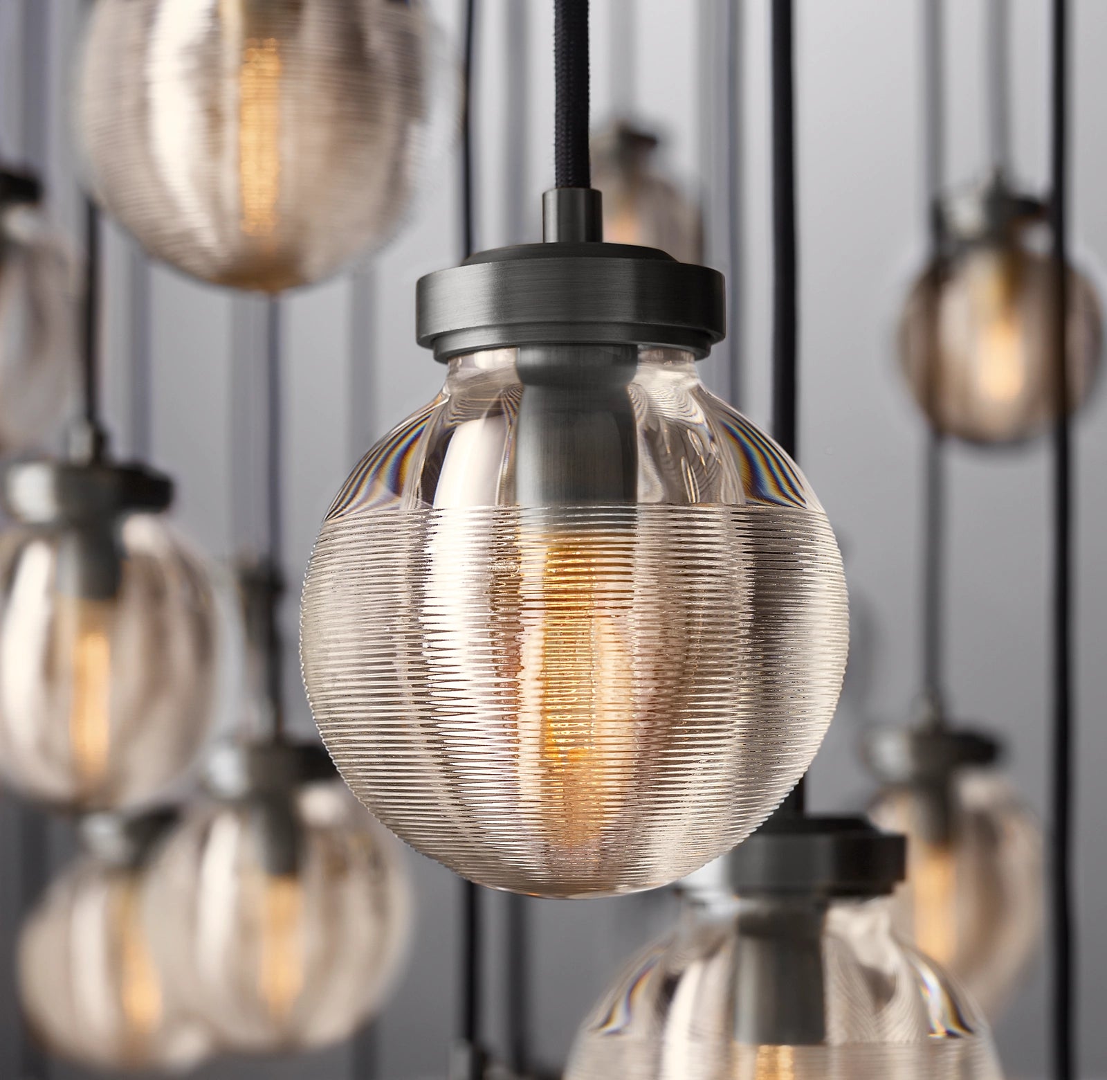 72 Inch Ribbed Glass Globe Rectangular Chandelier - Pearl