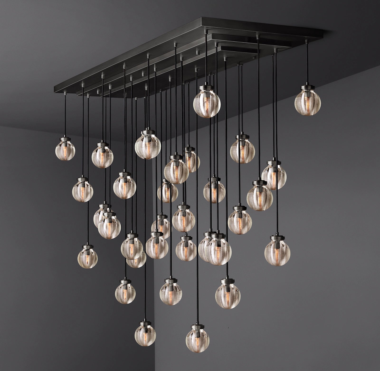 72 Inch Ribbed Glass Globe Rectangular Chandelier - Pearl
