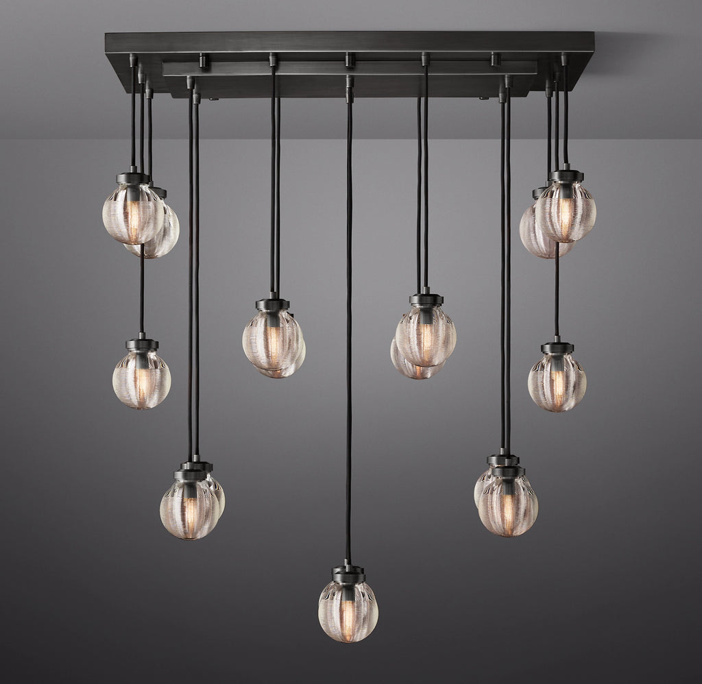 36 Inch Ribbed Glass Globe Rectangular Chandelier - Pearl