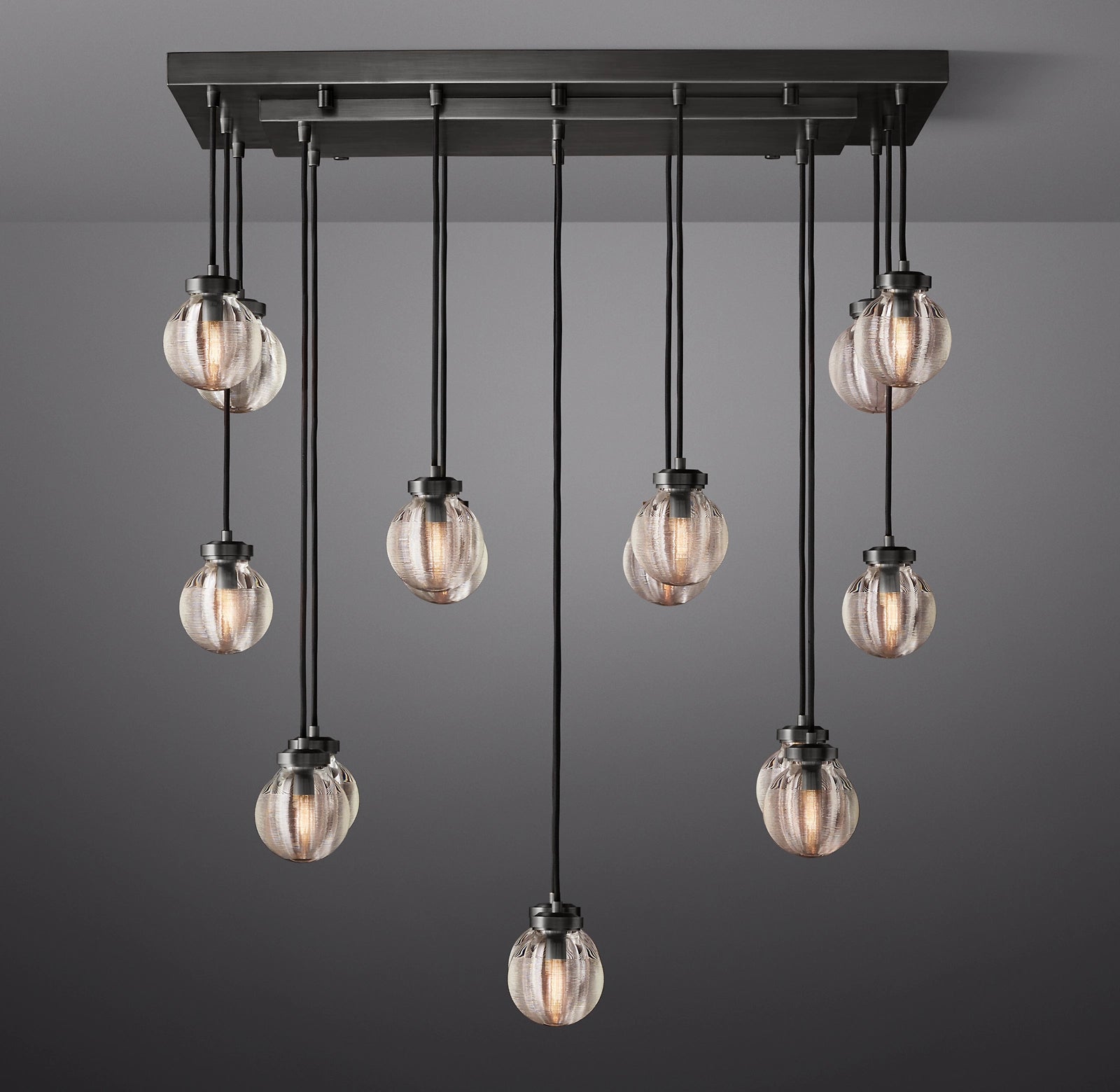 36 Inch Ribbed Glass Globe Rectangular Chandelier - Pearl