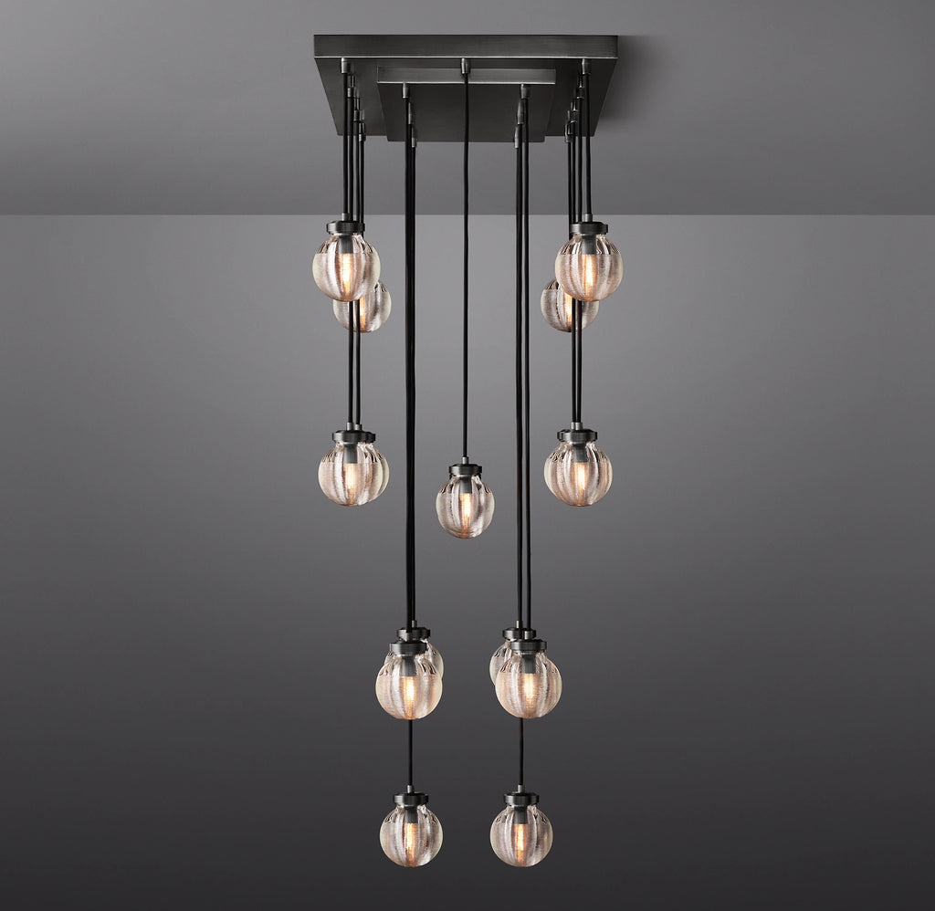 36 Inch Ribbed Glass Globe Rectangular Chandelier - Pearl
