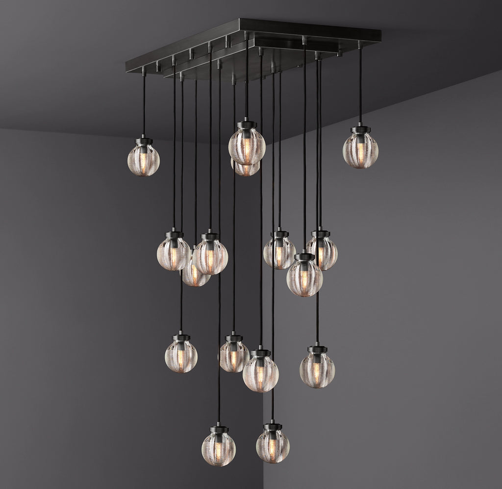 36 Inch Ribbed Glass Globe Rectangular Chandelier - Pearl