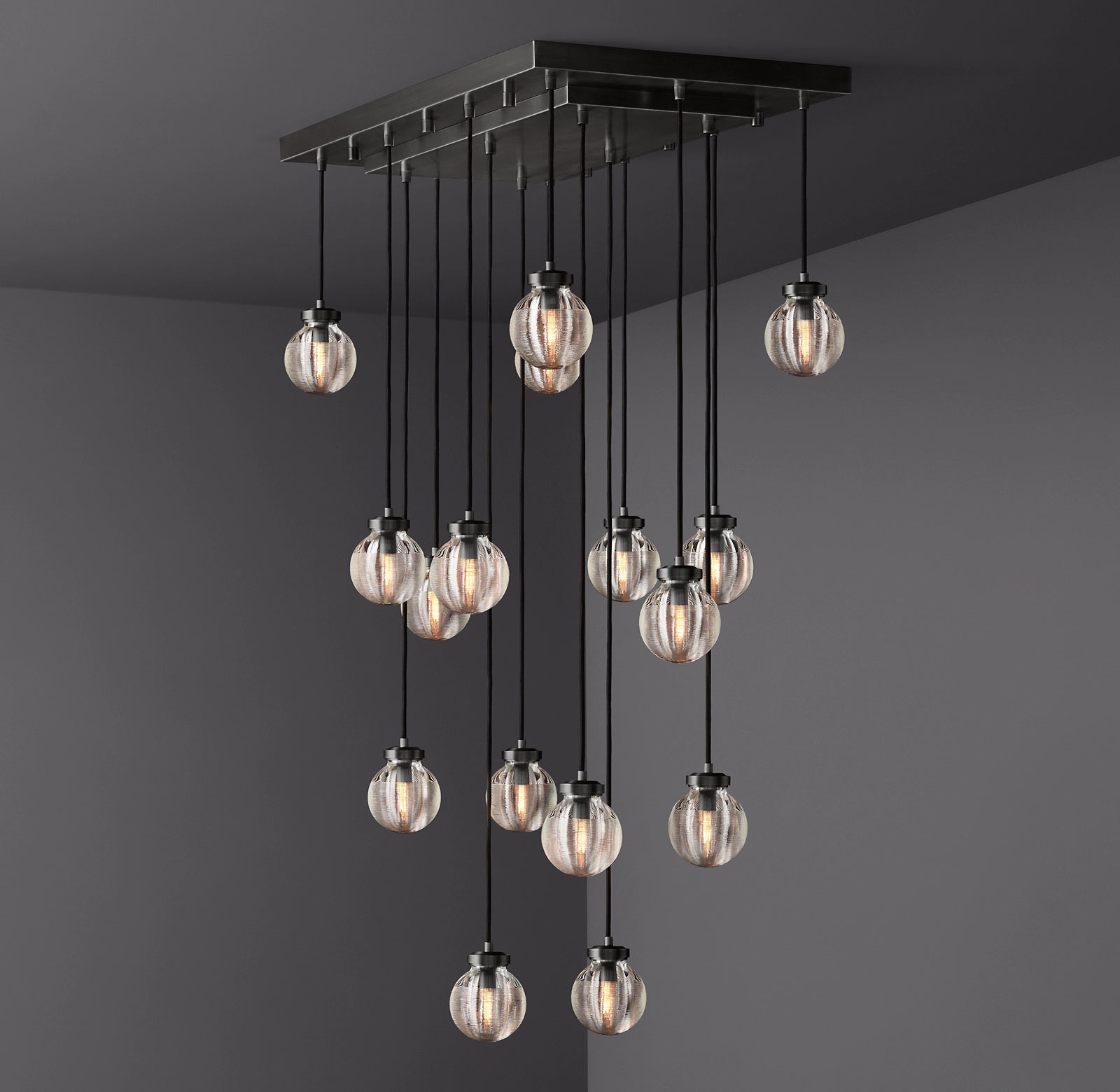36 Inch Ribbed Glass Globe Rectangular Chandelier - Pearl
