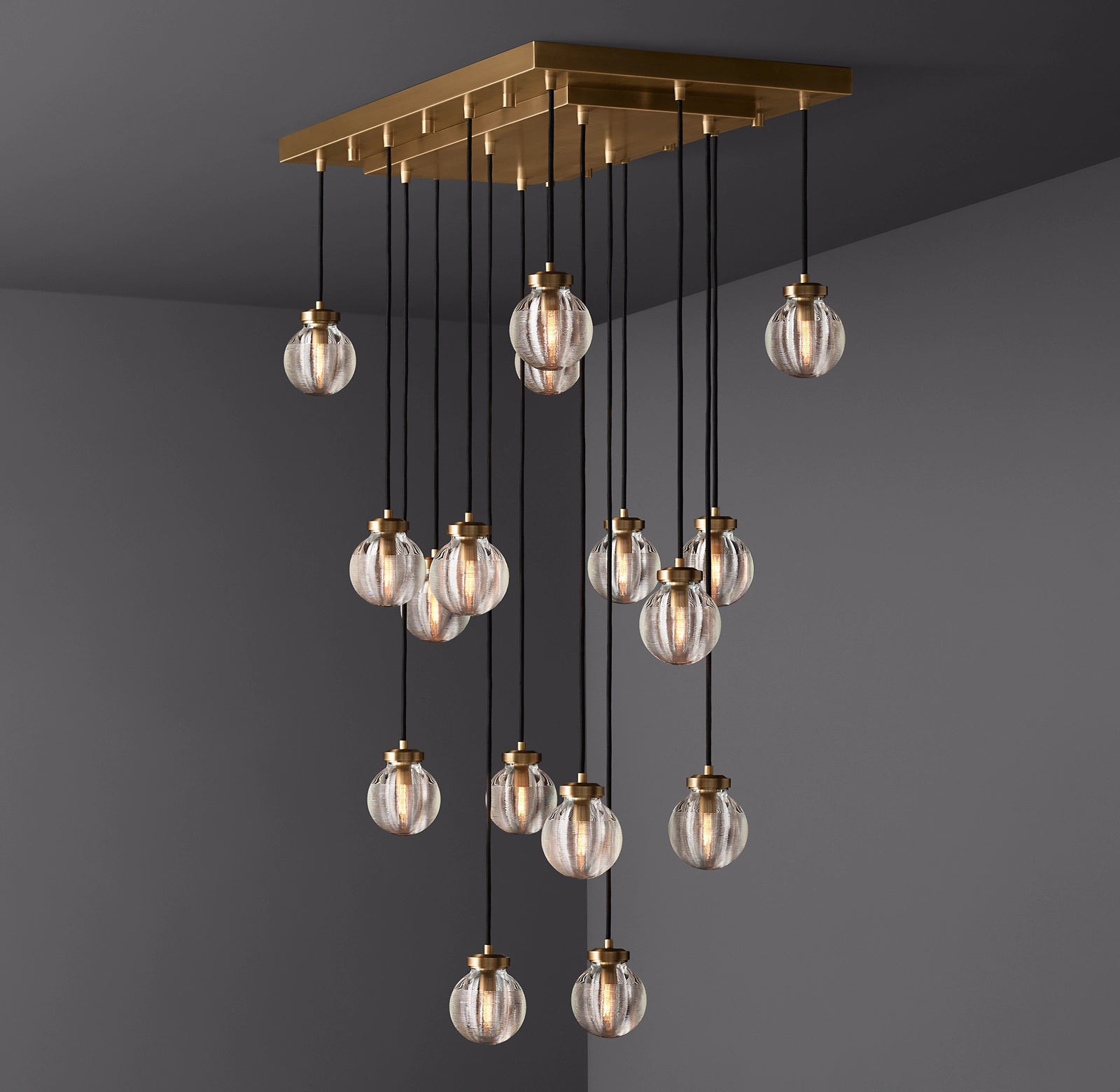 36 Inch Ribbed Glass Globe Rectangular Chandelier - Pearl