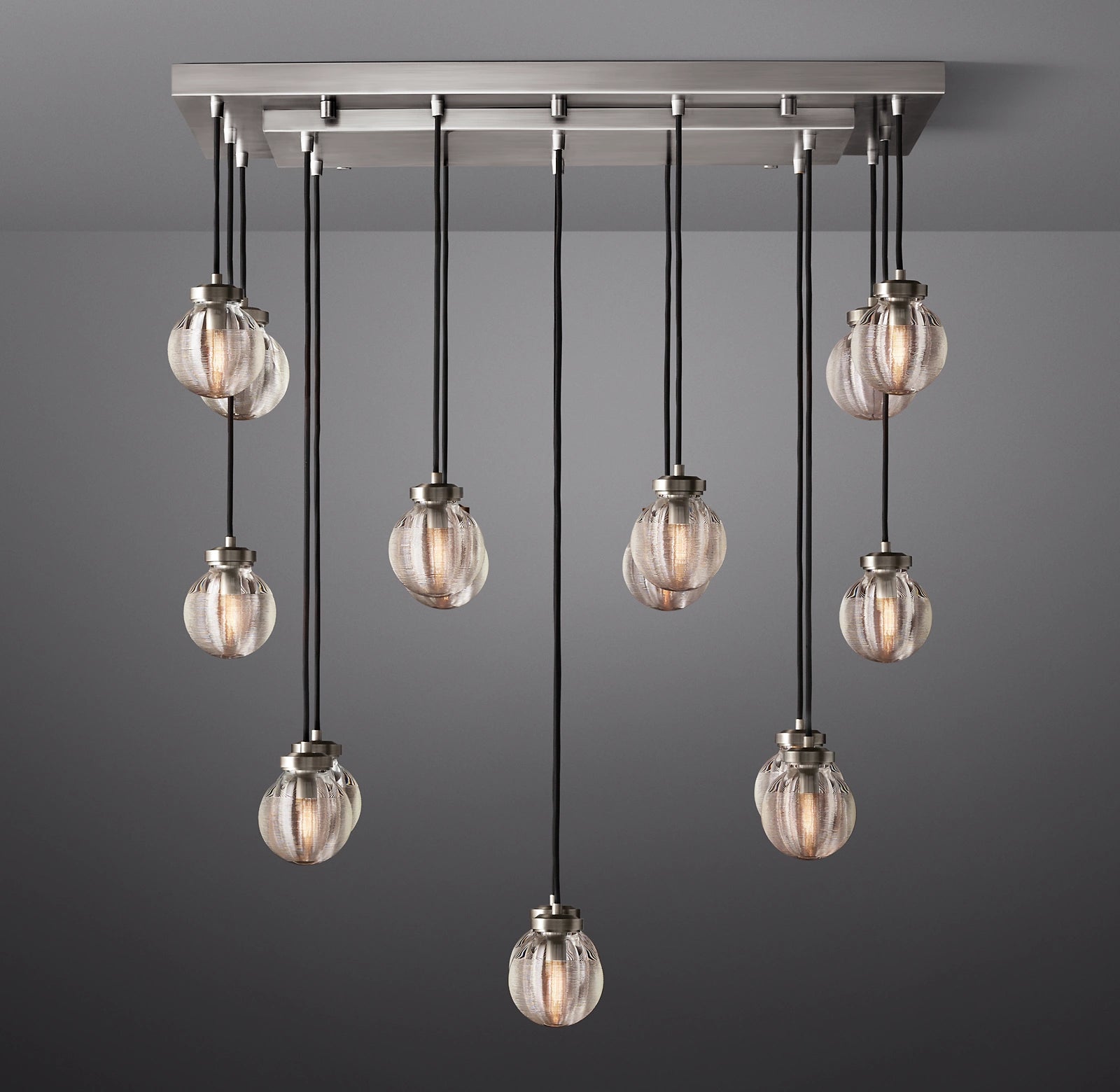 36 Inch Ribbed Glass Globe Rectangular Chandelier - Pearl