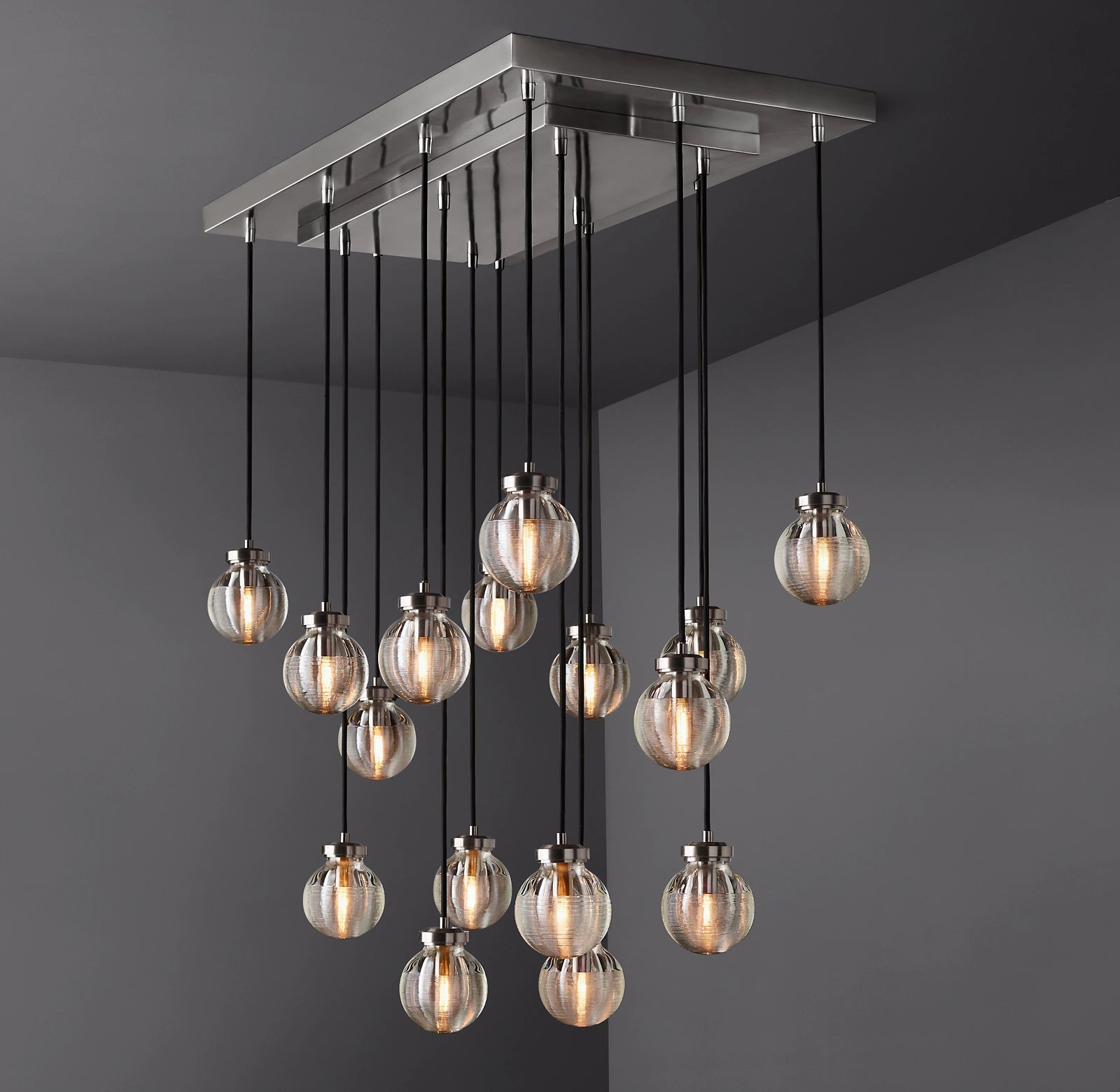 36 Inch Ribbed Glass Globe Rectangular Chandelier - Pearl